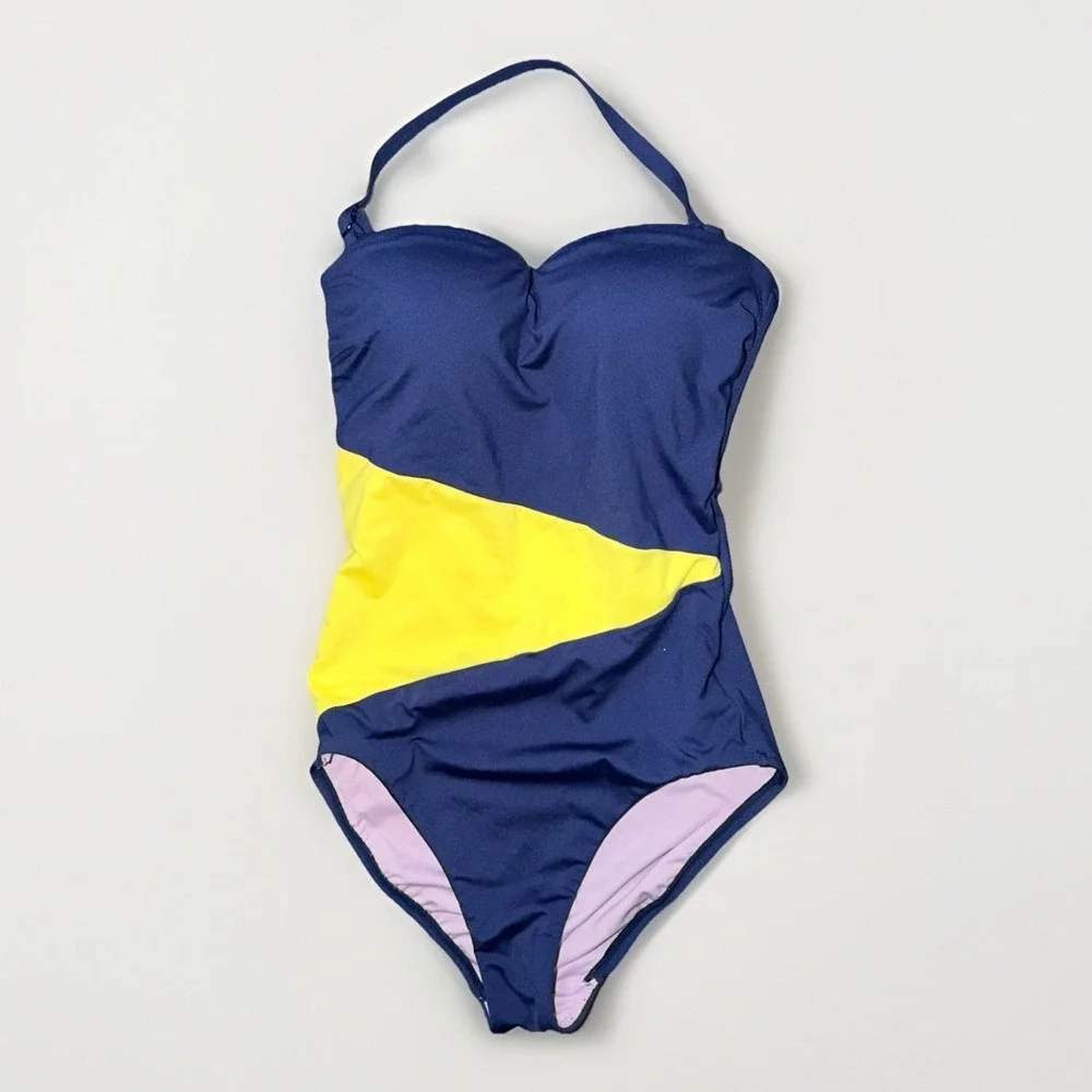Seafolly Swim Navy Yellow One-Piece Swimsuit Size Women's 10 DD Cup Padded